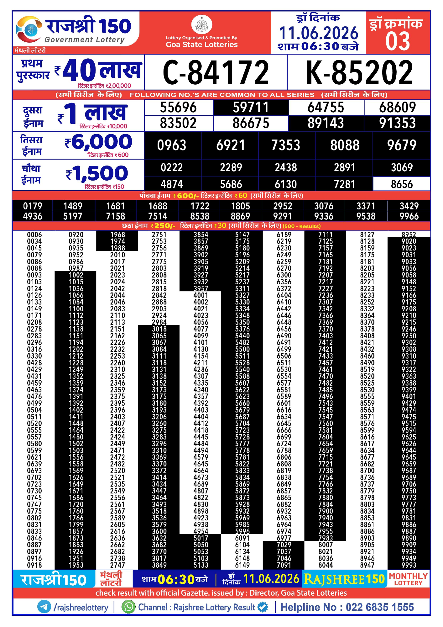 Rajshree Result 150 Monthly Lottery 11 06 2026