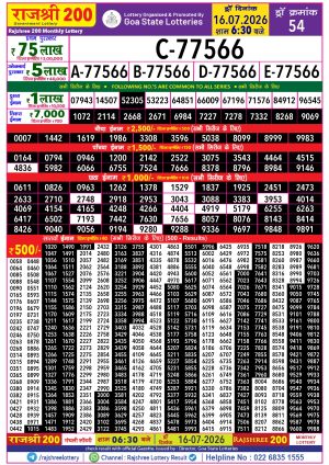 Rajshree Result 200 Monthly Lottery 16 07 2026