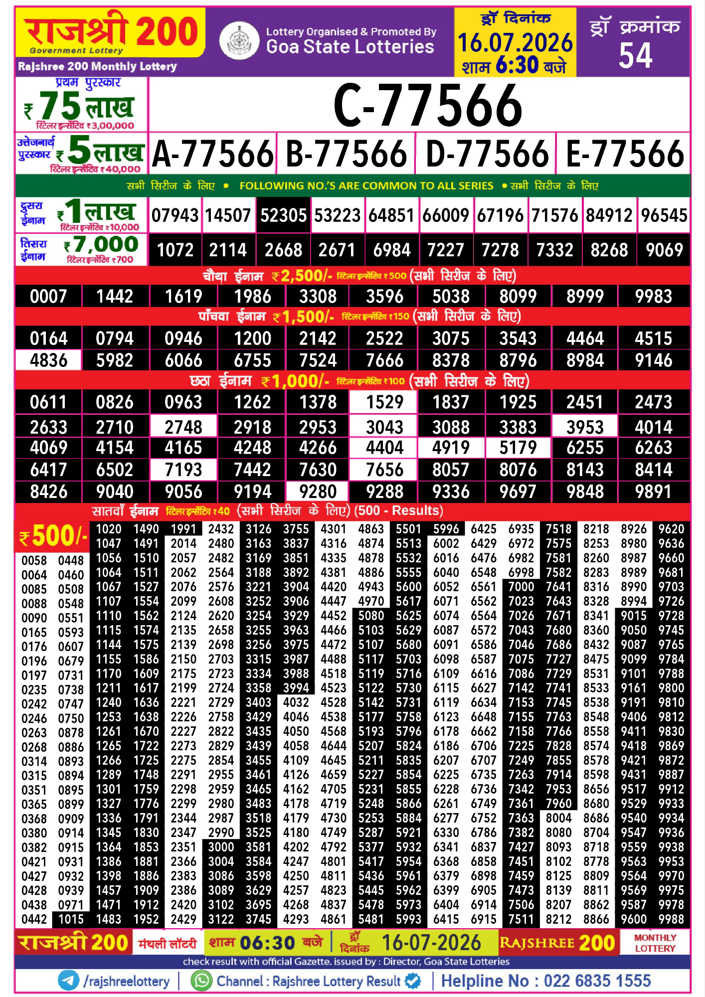 Rajshree Result 200 Monthly Lottery 16 07 2026