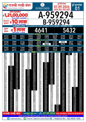 Rajshree Rakhi Bumper Result 07 09 2026