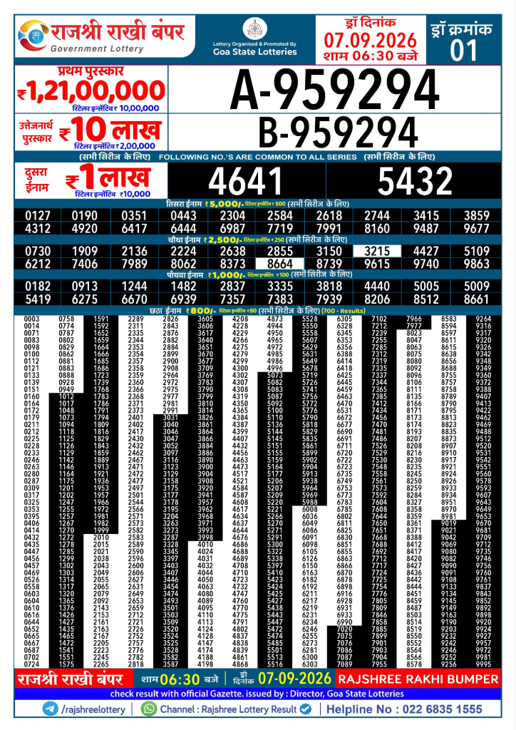 Rajshree Rakhi Bumper Result 07 09 2026